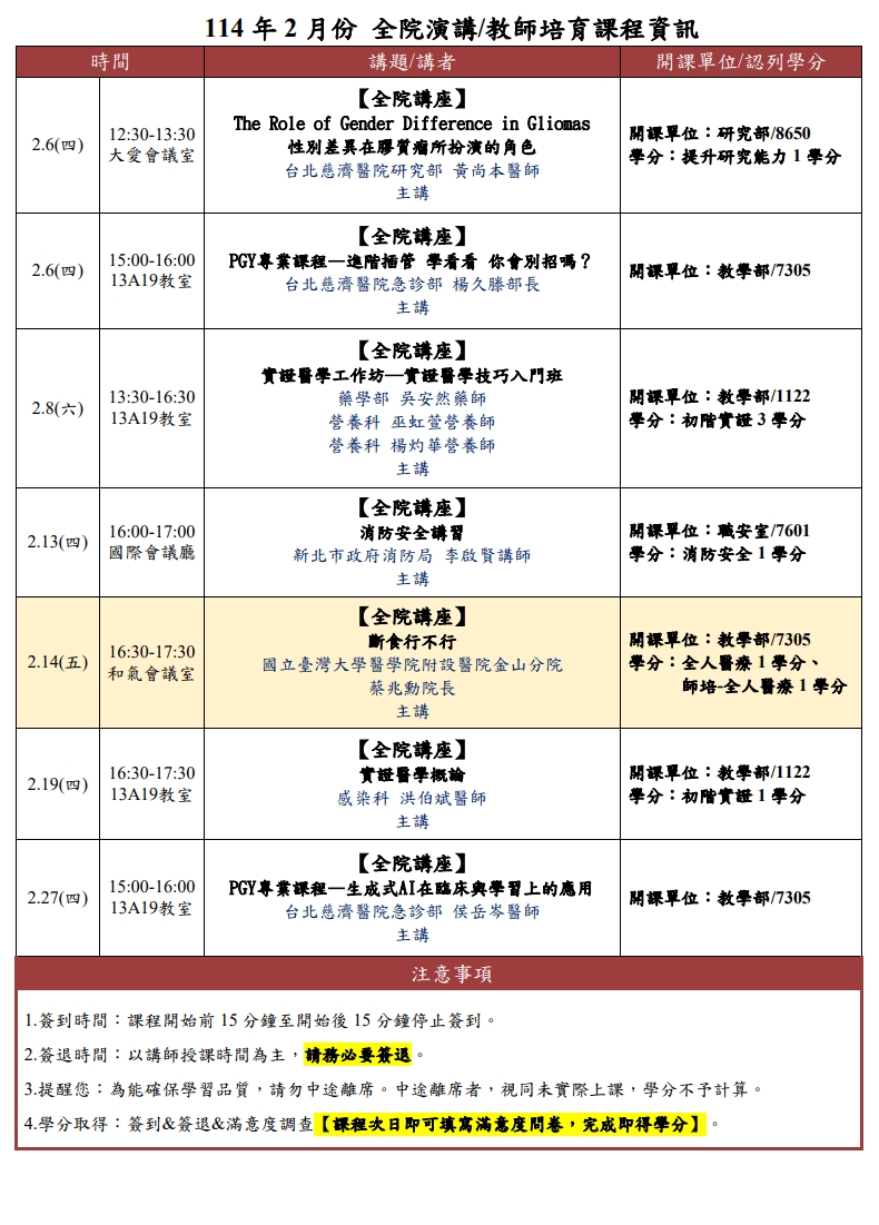 2月份全院演講&教師培育課程