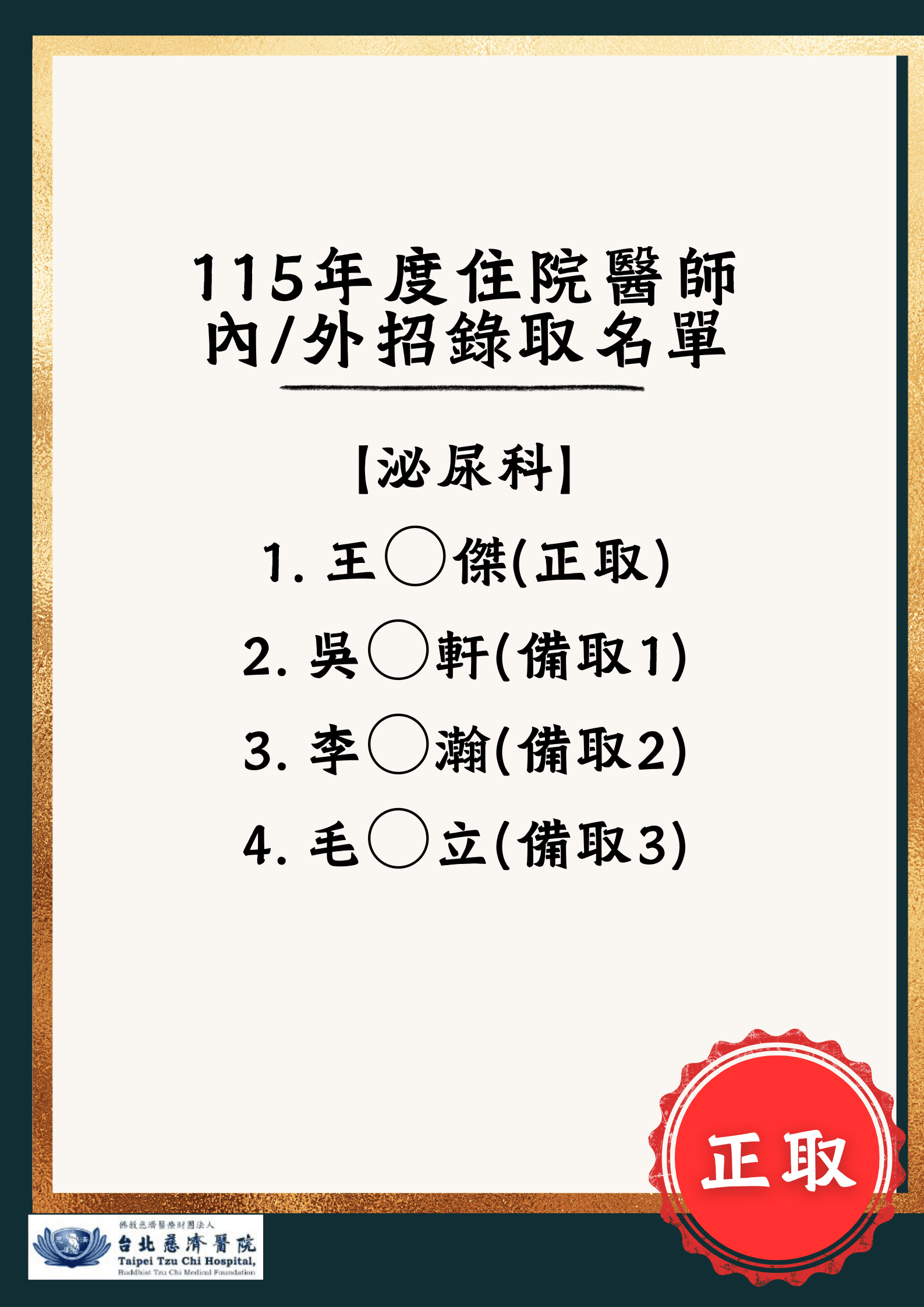 115年度住院醫師 內外招錄取名單(泌尿科)