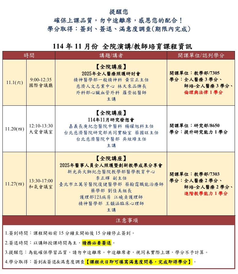 11月份全院演講&教師培育課程