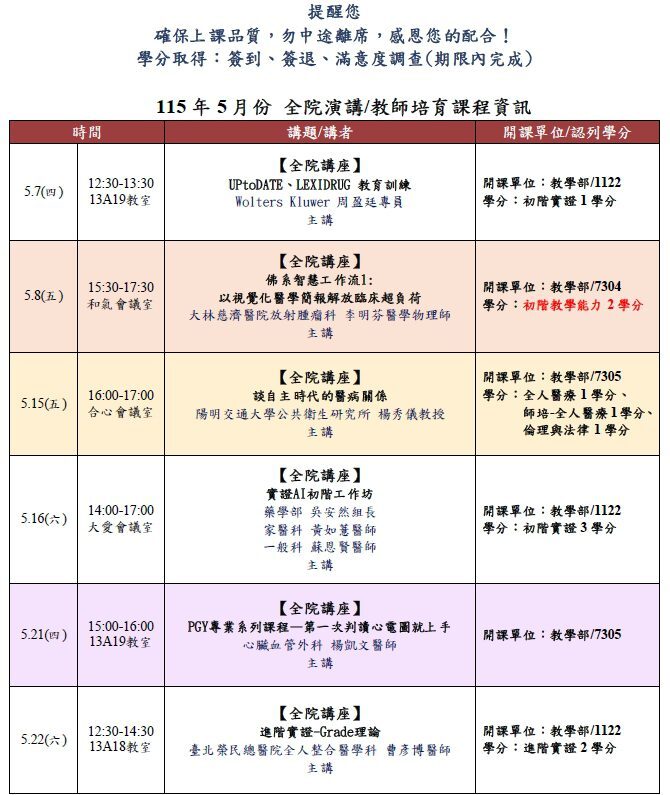 5月份全院演講&教師培育課程