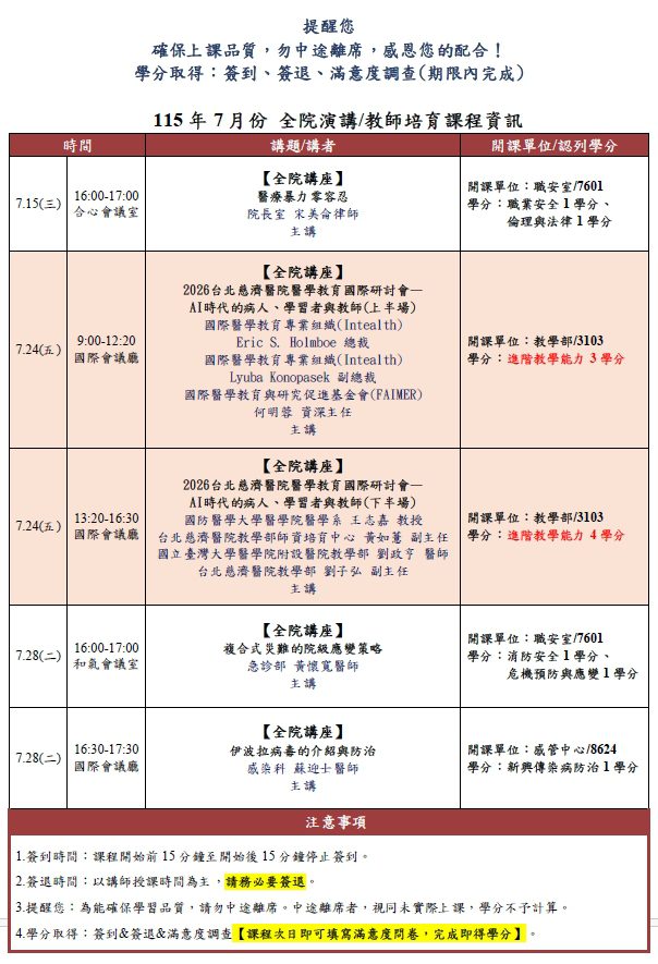 7月份全院演講&教師培育課程