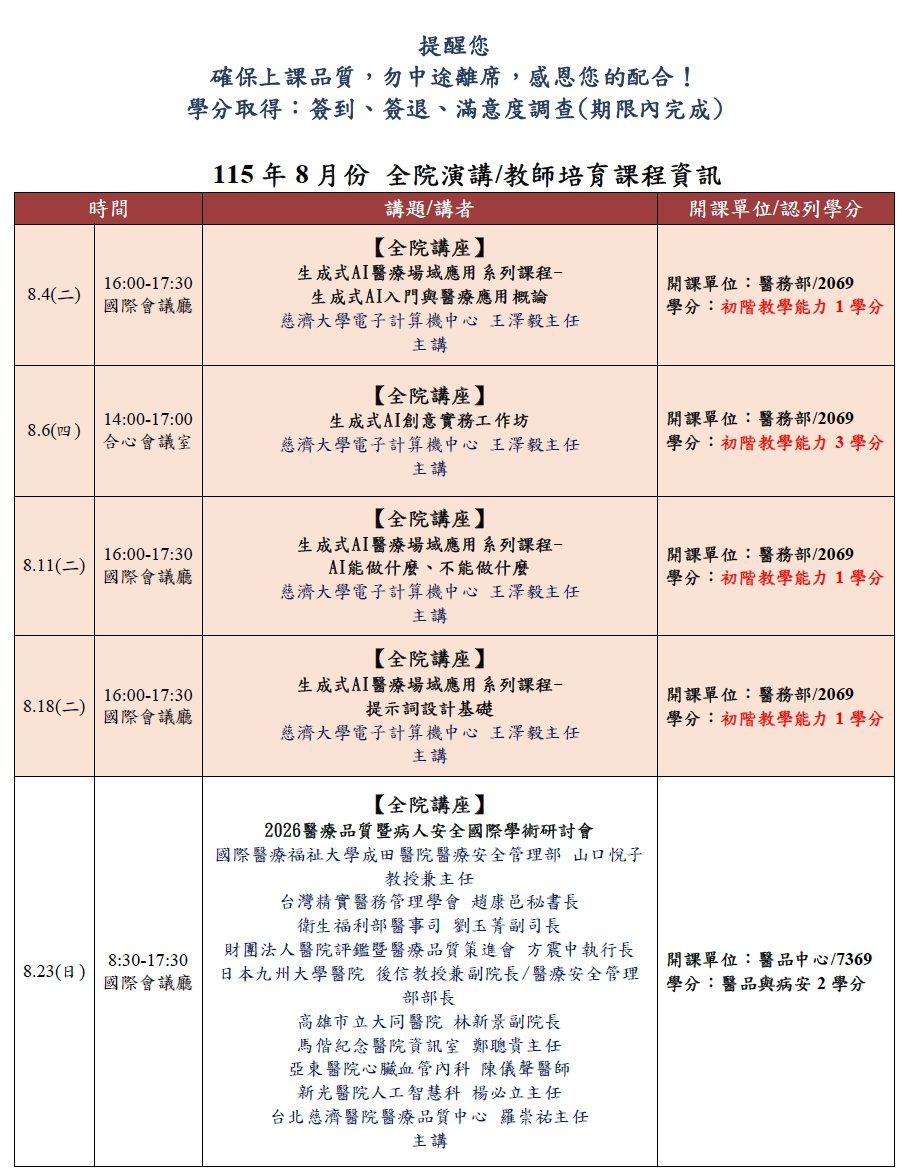 8月份全院演講&教師培育課程