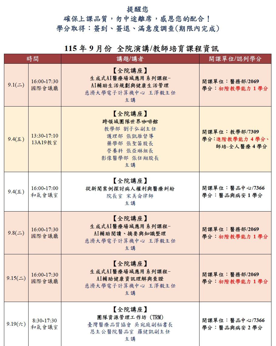 9月份全院演講&教師培育課程