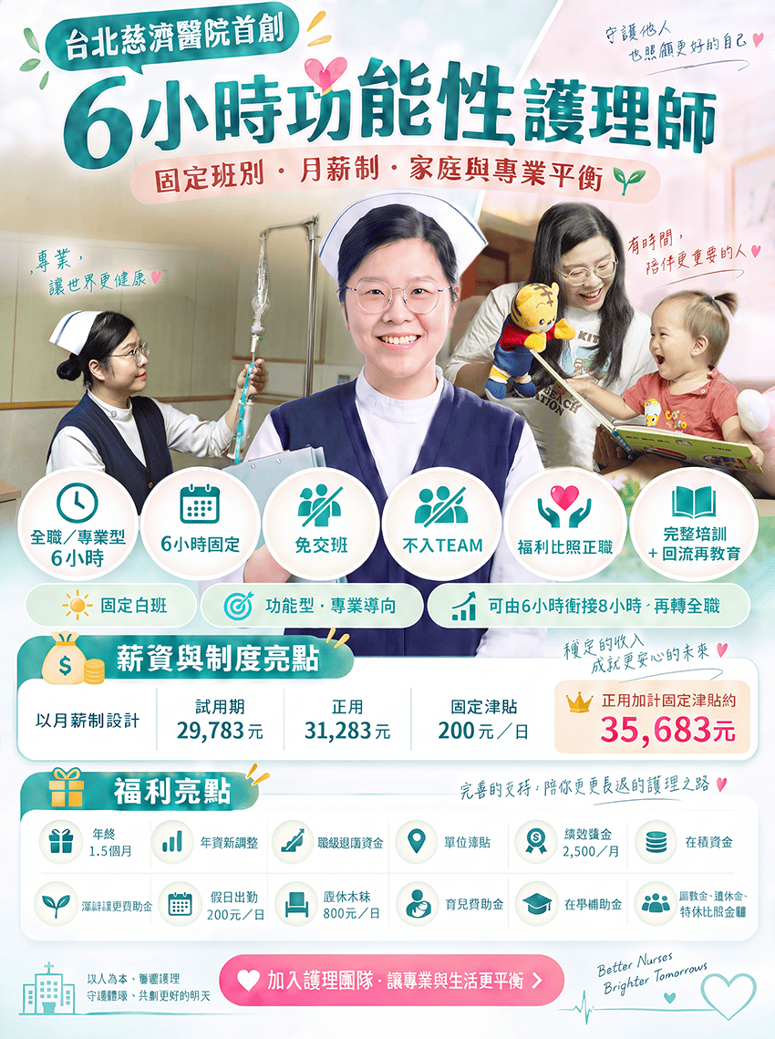 台北慈濟醫院6小時功能性護理師招募海報；海報主要資訊已完整轉為本頁文字內容。